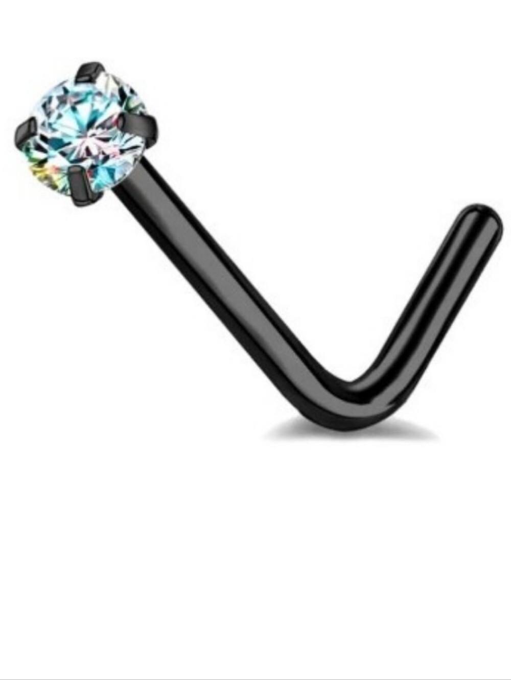 Black L-Shaped Nose Stud with Iridescent Gem